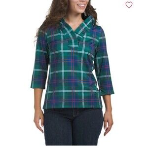 NWT Gretchen Scott Ruffle Neck Middleton Plaid 3/4 Sleeve Blouse Top Size Small